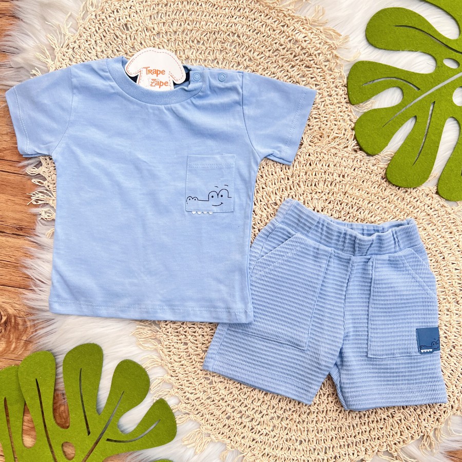 Conj. Camiseta Jacaré no Bolso e Bermuda - Azul